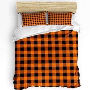 orange black plaid duvet cover sets farmhouse buffalo check bedding sets 3 pcs soft comforter cover set including 1 quilt cover 2 pillow cases, full size comforter cover set with zipper closure