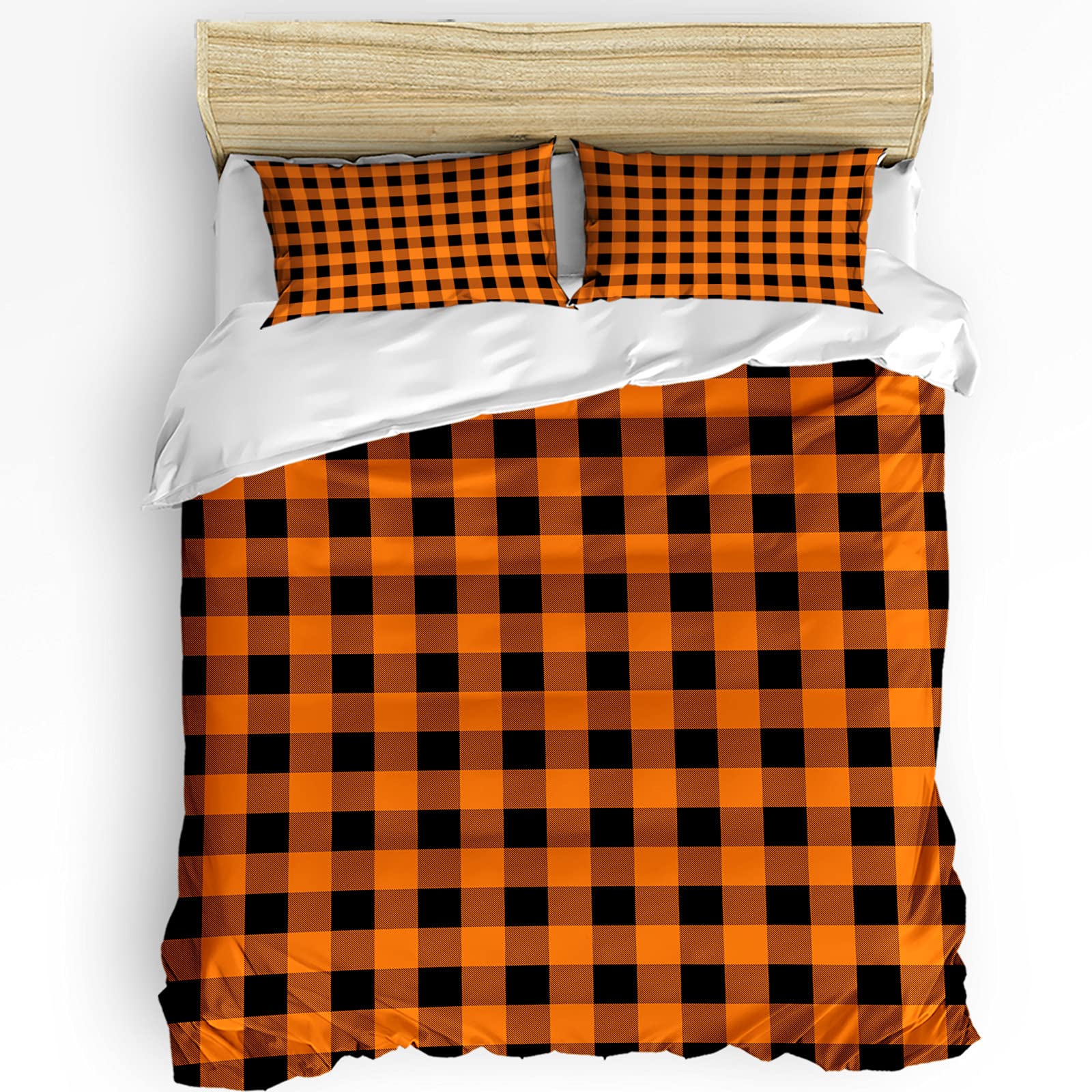 Orange Black Plaid Duvet Cover Sets Farmhouse Buffalo Check Bedding Sets 3 Pcs Soft Comforter Cover Set Including 1 Quilt Cover 2 Pillow Cases, Full Size Comforter Cover Set with Zipper Closure