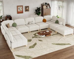 llappuil modular sectional sofa u shaped sectional modular sofa with storage convertible modular sectional couch for living room, removable teddy velvet 9 seater couch with coffee table, beige