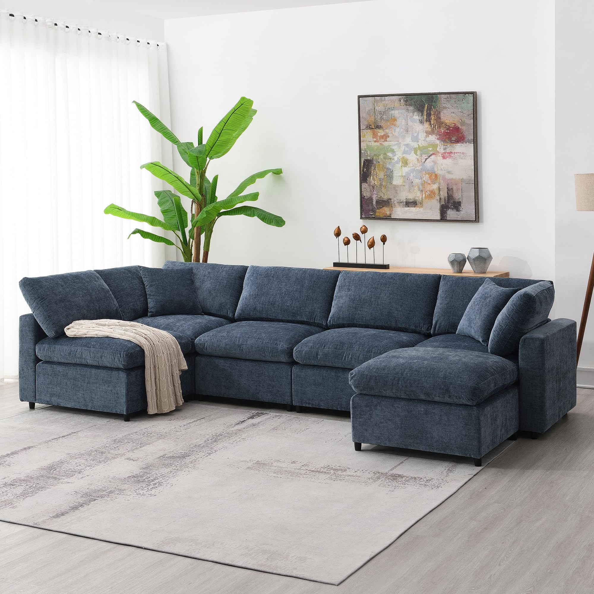 Modern Modular Sofa, 6 Seat Chenille Fabric Sectional Couch with Ottoman, U Shaped Convertible Sleeper Sofa for Living Room, Apartment