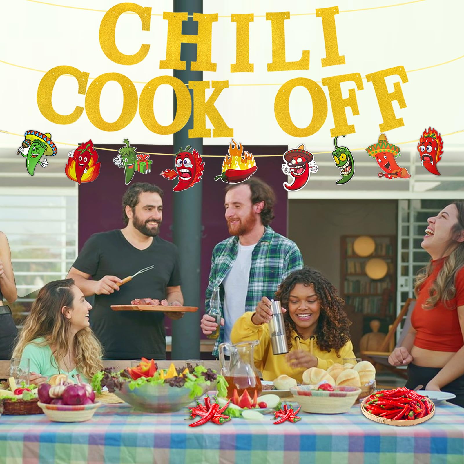 Shiny Chili Cook Off Banner Set - Pre-Assembled Chili Contest Pennants with Chili Pattern Flag and Accessories - Red Hot Chili Cooking Decor Banners - Perfect Chili Cook-Off Party Deco and Chili Decoration Banner Supplies (2 Pcs