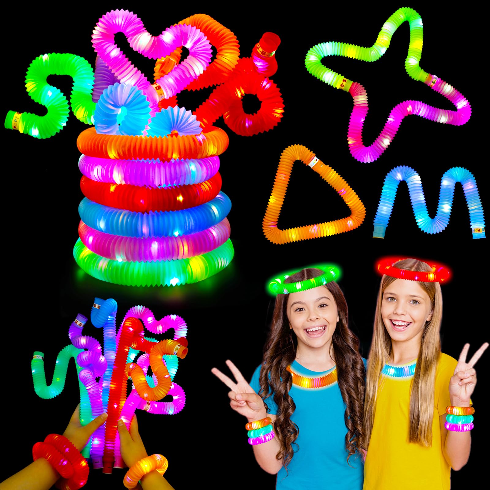 12 pcs Light Up Pop Tubes, Glow Sticks Bulk Party Favors for Kids 4-8 8-12 Pinata Goodie Bags Stuffers for Boys Girls Birthday Christmas Gifts Fidget Sensory Toys Glow in the Dark Party Supplies