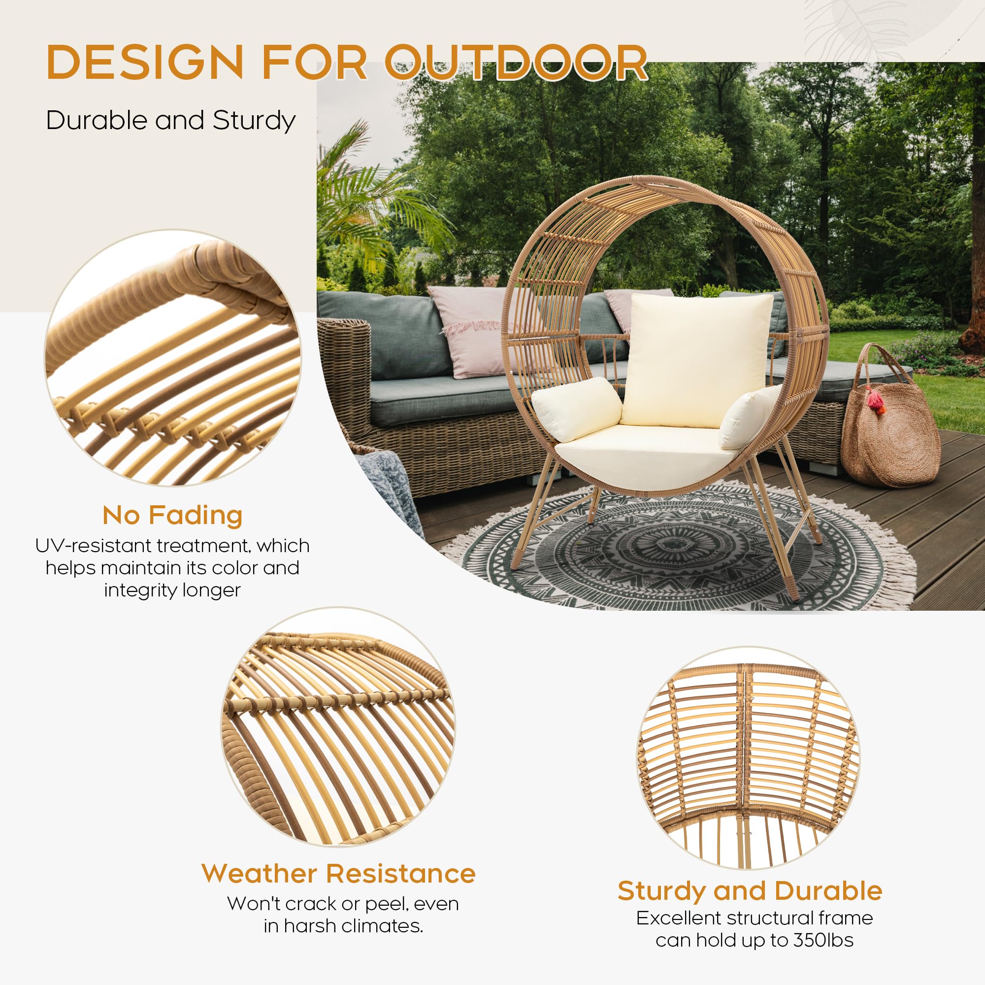 Brafab Outdoor Egg Chair, Oversized Wicker Patio Chairs with 6.69'' Cushions, 350LBS Capacity, Indoor Round Rattan Nest Chair with Stand, Easy Assembly Boho Chair for Living Room, Porch, Backyard