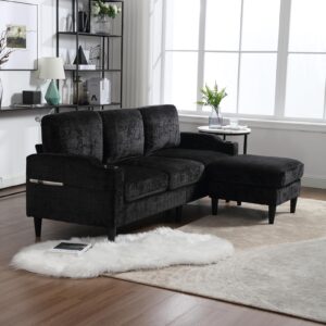 Sectional Sofa Couch with Ottoman, Chenille 3-Seat Sofa with Cup Holders, Upholstered L Shaped Couches with Storage Ottoman and Pocket, Comfy Furniture for Living Room, Small Apartment, Office, Black