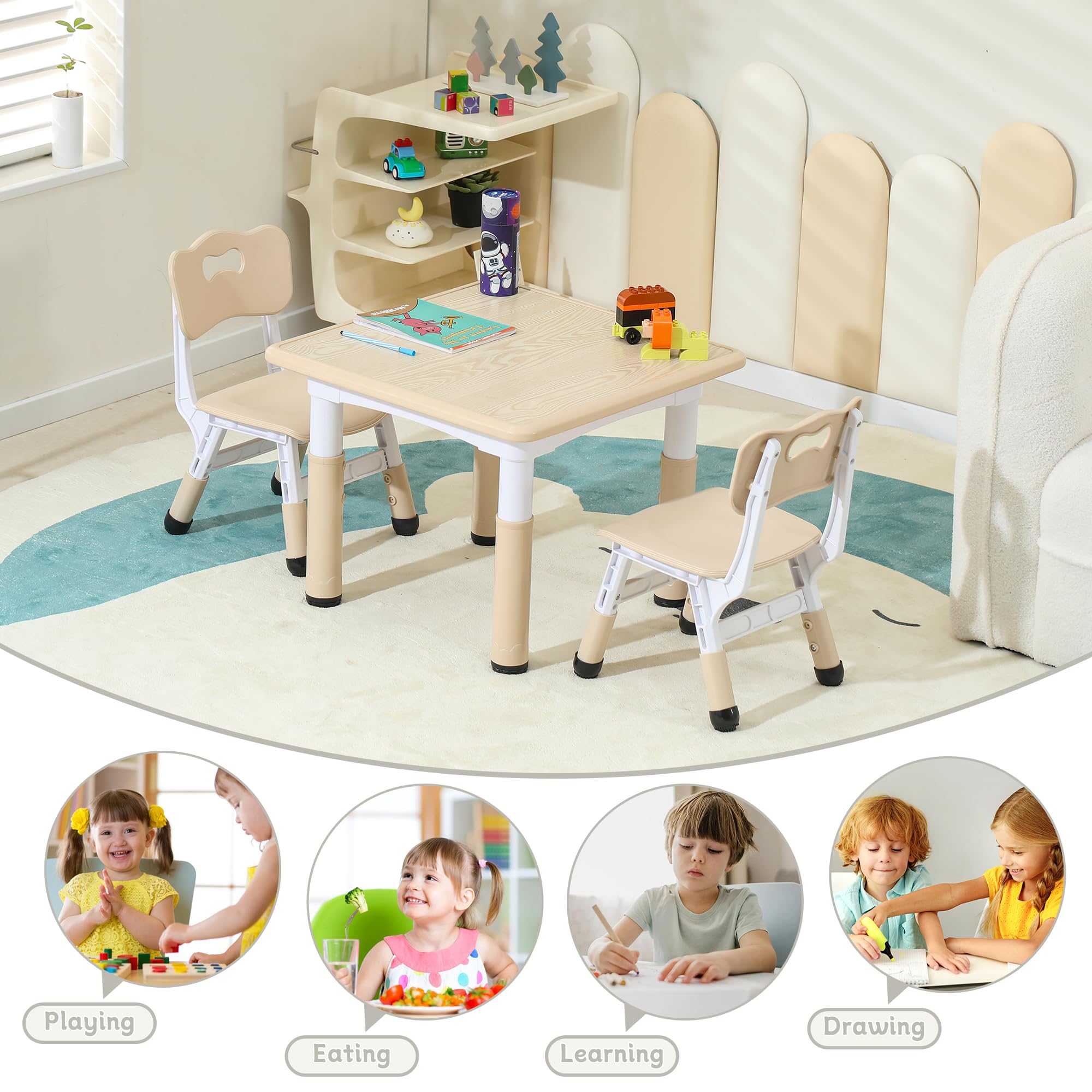 IFLETH Kids Table, Toddler Table and Chair Set, Height-Adjustable Kids Table and Chairs with 23.5''Lx23.5''W Graffiti Desktop, Table Chair for Ages 3-8, Child Table and Chair Set