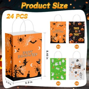 Hordely 24PCS Halloween Kraft Trick or Treating Bags with Handles, Paper Halloween Candy Gift Bags for Kids, Reusable Bulk Halloween Party Small Goody Bags, 5.90 x 3.15 x 8.27 In