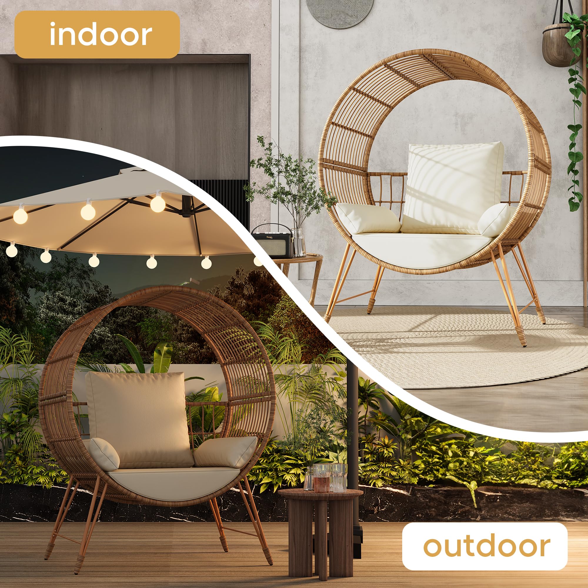 Yechen Egg Chair Outdoor, Oversized Wicker Patio Chairs with 350LBS Capacity, Rattan Porch Chair, 6.69'' Cushions for Living Room, Bedroom, Garden, Round Nest Chairs with Steel Stands Easy Assembly