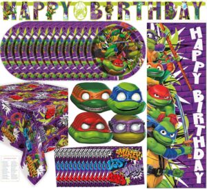 ninja turtle party decorations - 16 guests - ninja turtle plates and napkins, tablecloth, banner, teenage mutant ninja turtles party supplies, checklist - tmnt mutant mayhem movie