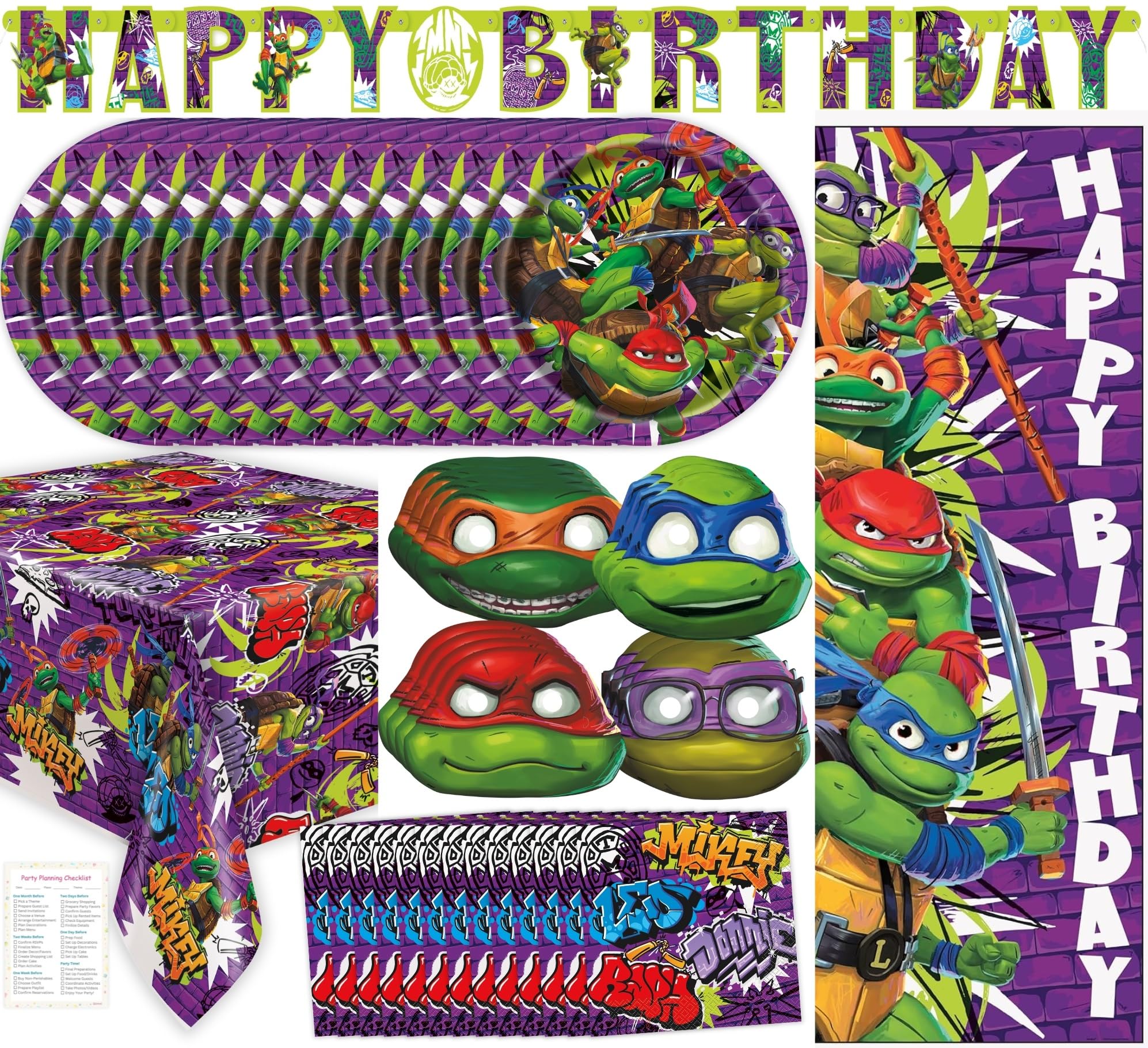 Ninja Turtle Party Decorations - 16 Guests - Ninja Turtle Plates and Napkins, Tablecloth, Banner, Teenage Mutant Ninja Turtles Party Supplies, Checklist - TMNT Mutant Mayhem Movie