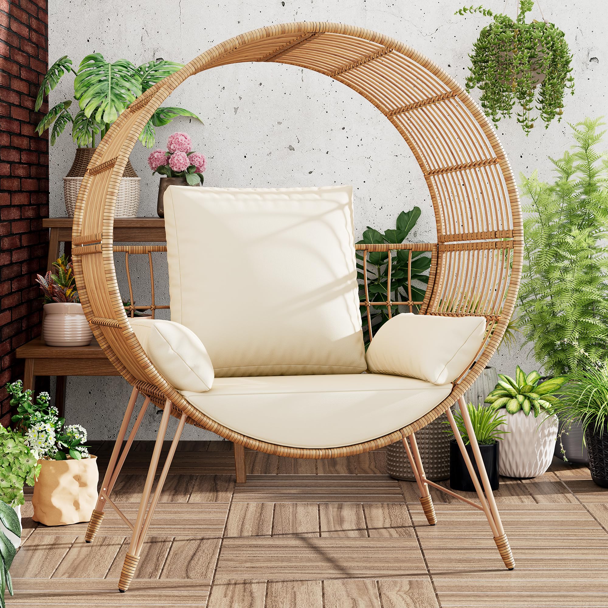 Yechen Egg Chair Outdoor, Oversized Wicker Patio Chairs with 350LBS Capacity, Rattan Porch Chair, 6.69'' Cushions for Living Room, Bedroom, Garden, Round Nest Chairs with Steel Stands Easy Assembly