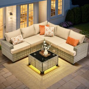 xizzi 6 pieces patio sectional furniture set - all weather wicker rattan outdoor modular sectional sofa couch patio furniture set with glasstable, patio conversation set (beige)