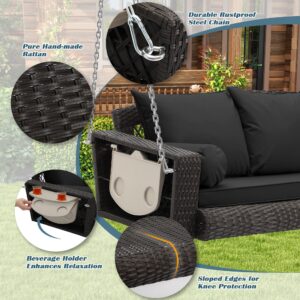 GIODIR Wicker Porch Swing, 3-Seats Rattan Hanging Swing Chair, Patio Grey Rattan Swing, Outdoor Rattan Swing Bench with Cushion,Wide Armrest for Patio Backyard Poolside Garden, Black