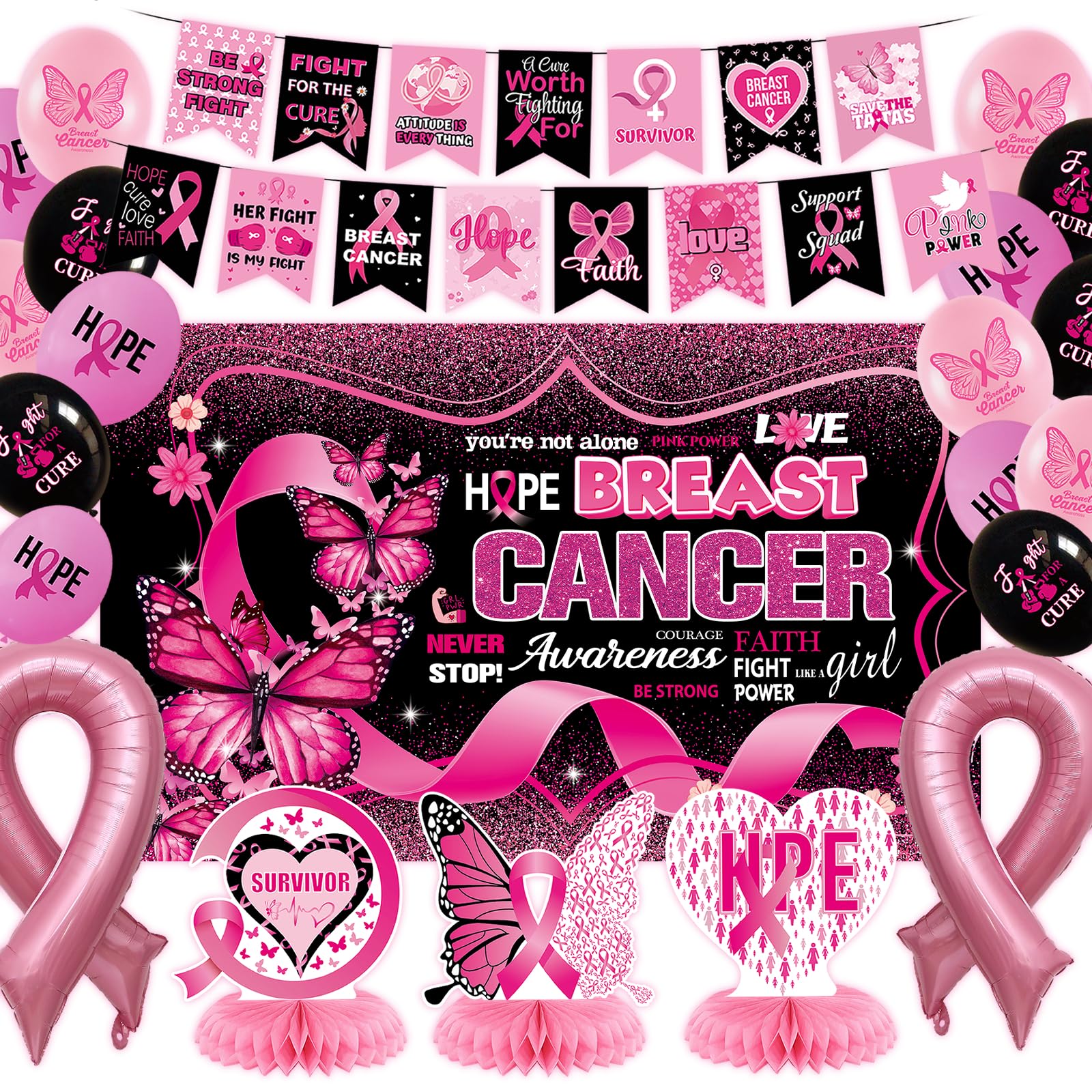 Breast Cancer Awareness Decorations,Breast Cancer Awareness Banner,Breast Cancer Awareness backdrop,Breast Cancer Awareness Balloons Honeycomb Centerpieces,Breast Cancer Awareness Supplies Decorations for Women Charity Activities