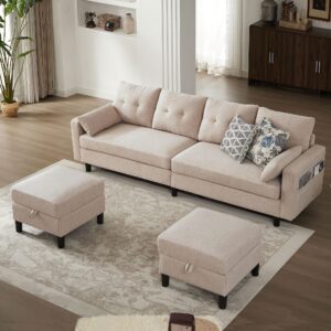 Tornama 101" Sectional Sofa Couch, Modern Polyester Convertible U Shaped Couch with Double Chaise and Storage Pocket, 4-Seat Sofa Set for Living Room, Beige