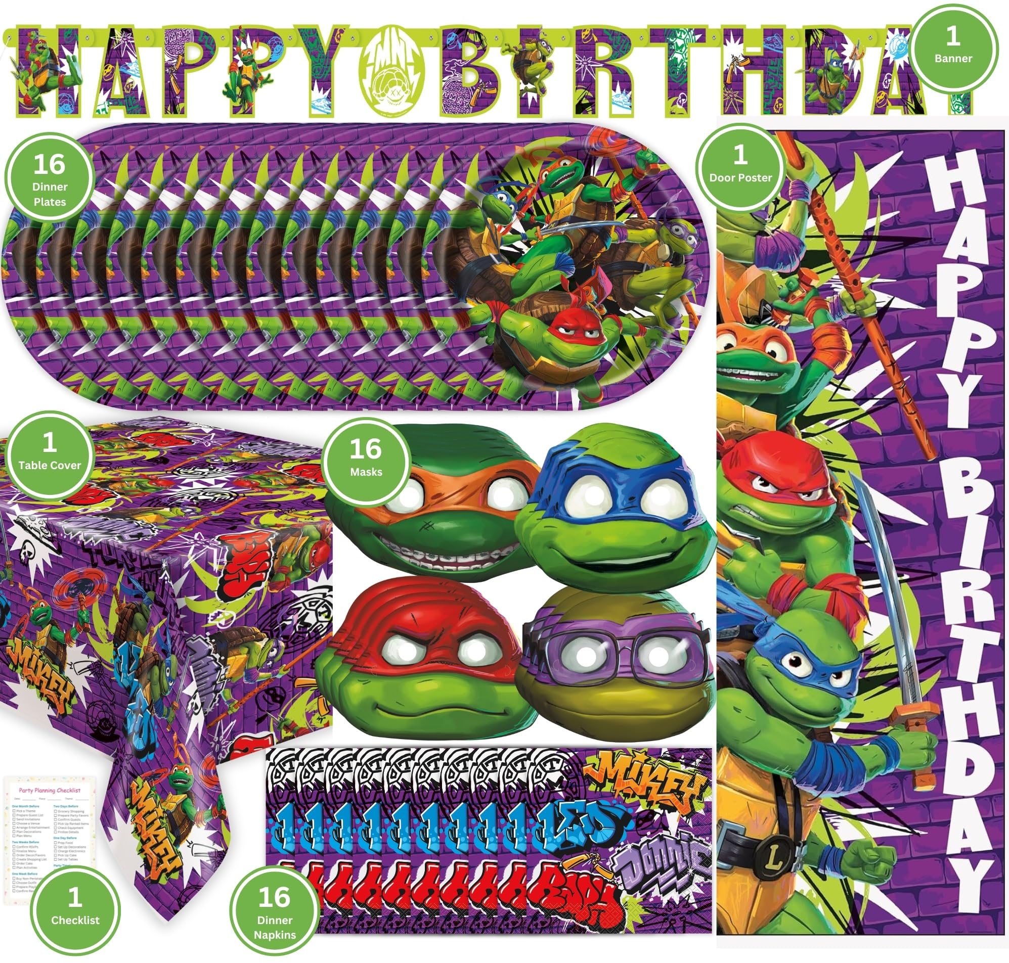 Ninja Turtle Party Decorations - 16 Guests - Ninja Turtle Plates and Napkins, Tablecloth, Banner, Teenage Mutant Ninja Turtles Party Supplies, Checklist - TMNT Mutant Mayhem Movie