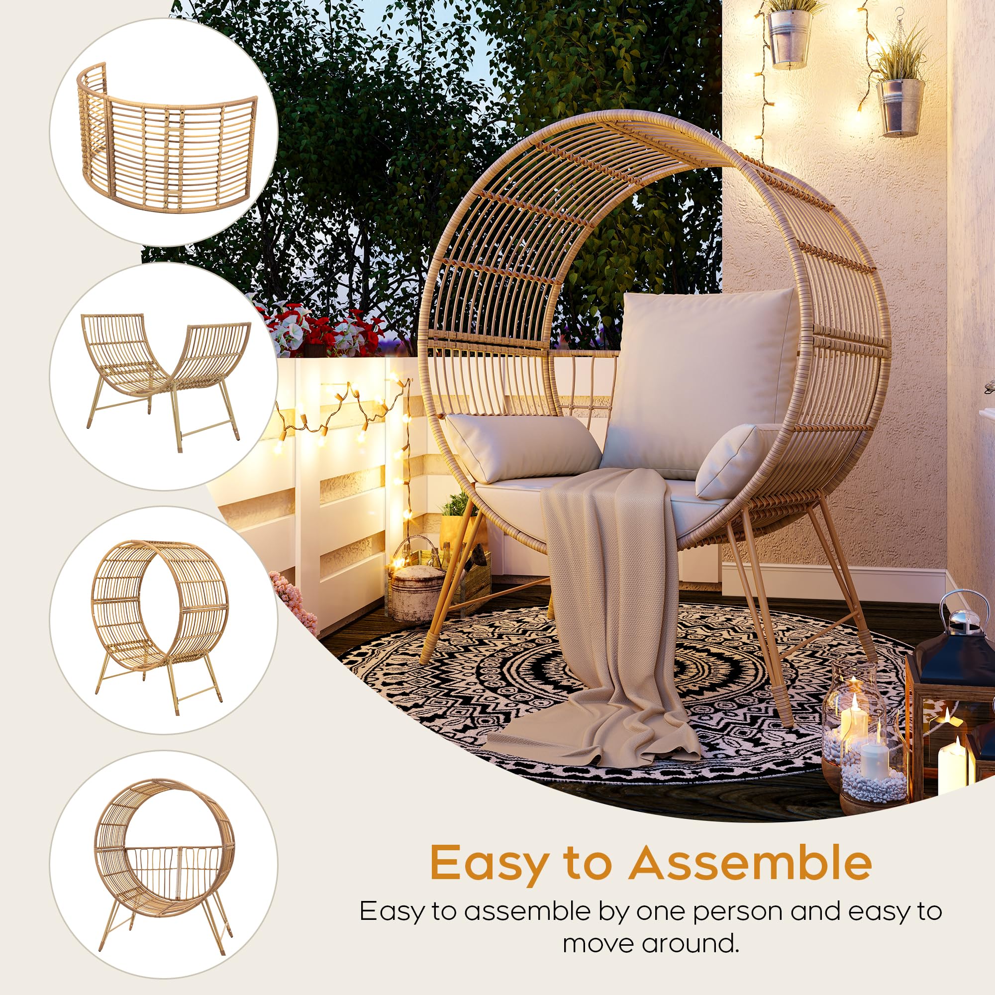 Brafab Outdoor Egg Chair, Oversized Wicker Patio Chairs with 6.69'' Cushions, 350LBS Capacity, Indoor Round Rattan Nest Chair with Stand, Easy Assembly Boho Chair for Living Room, Porch, Backyard