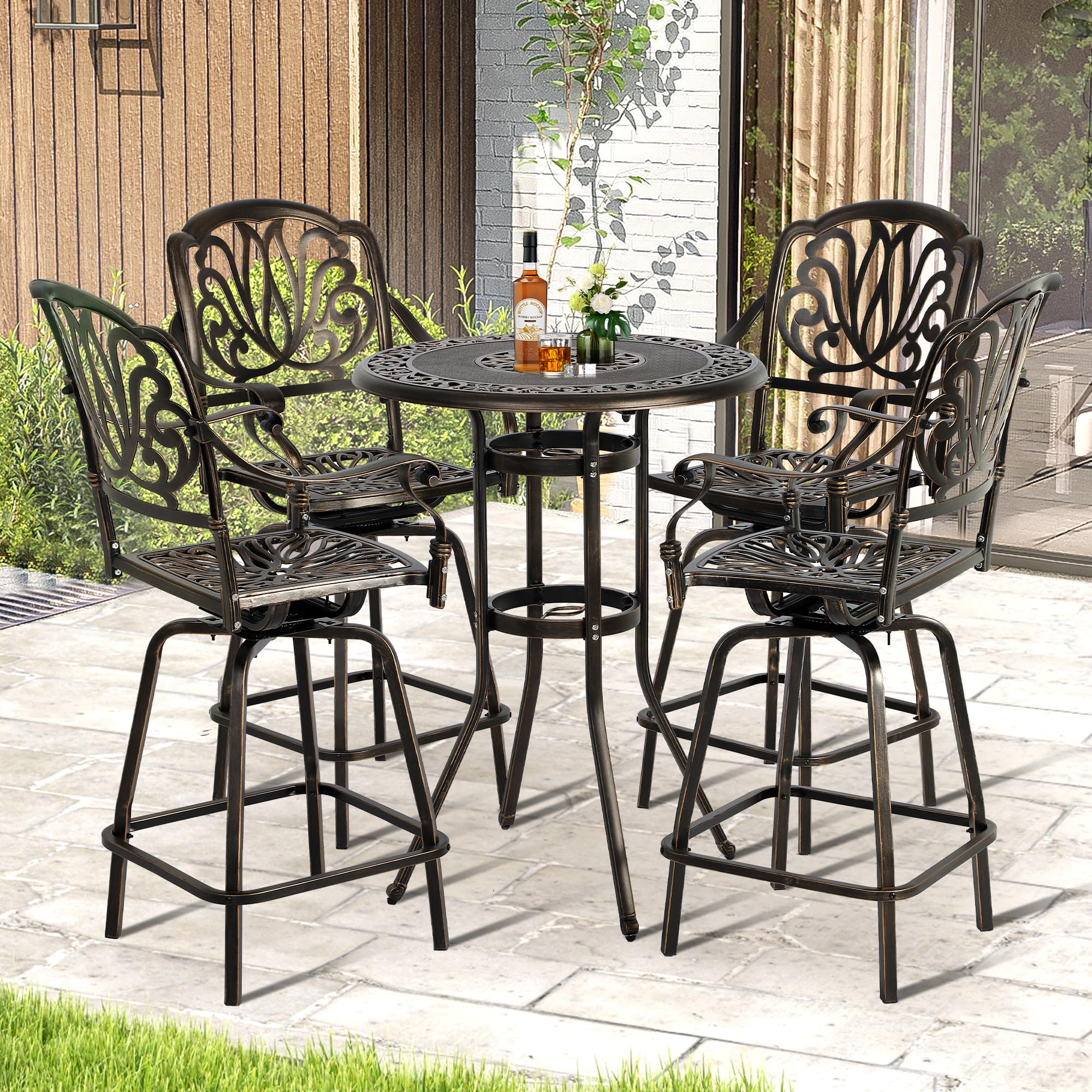 TITIMO Outdoor Patio Swivel Bar Stools - Set of 2 All-Weather Cast Aluminum Height Bistro Chairs Outdoor Furniture Bar Dining Chair for Garden Deck Backyard (Swivel Rocker Chairs Without Cushions)