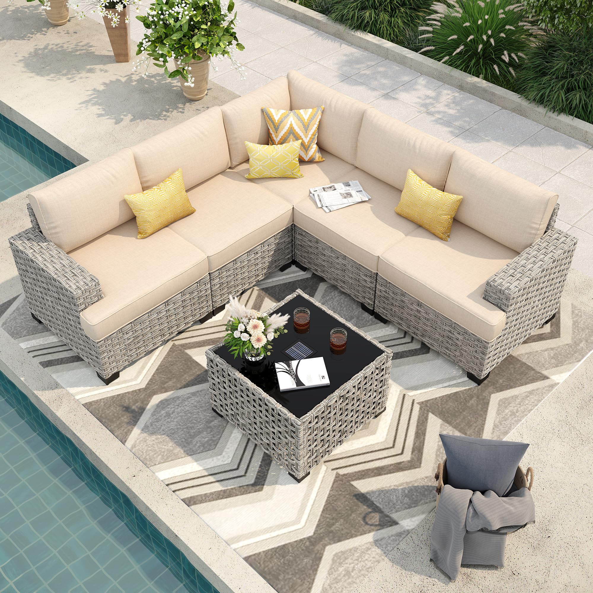 XIZZI 6 Pieces Patio Sectional Furniture Set - All Weather Wicker Rattan Outdoor Modular Sectional Sofa Couch Patio Furniture Set with GlassTable, Patio Conversation Set (Beige)