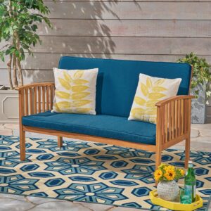 Merax Outdoor Acacia Wood Loveseat, Modern 2 seat Sofa for Backyard & Patio, Brown & Teal