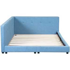 EOVTK Full Size Upholstered Platform Bed Daybed with USB Ports, Linen Fabric Floor Bed Sofa Bed with Wooden Slat Support, Blue