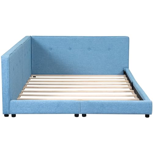 EOVTK Full Size Upholstered Platform Bed Daybed with USB Ports, Linen Fabric Floor Bed Sofa Bed with Wooden Slat Support, Blue