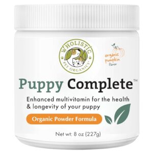 wholistic pet organics puppy essentials - 8 oz - organic pumpkin powder dog supplement for skin & coat health, itching relief, omega 3 & probiotics - vitamins for immune support, dog food additive