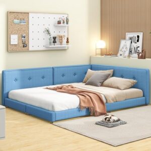 EOVTK Full Size Upholstered Platform Bed Daybed with USB Ports, Linen Fabric Floor Bed Sofa Bed with Wooden Slat Support, Blue