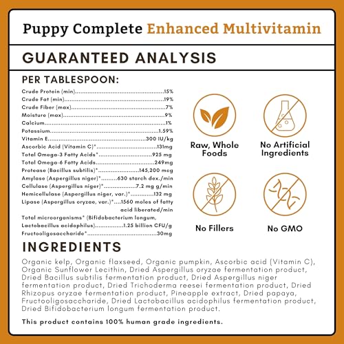 Wholistic Pet Organics Puppy Essentials - 8 Oz - Organic Pumpkin Powder Dog Supplement for Skin & Coat Health, Itching Relief, Omega 3 & Probiotics - Vitamins for Immune Support, Dog Food Additive