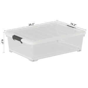 Rinboat 20 Quart Wheeled Underbed Storage Container, Clear Under Bed Storage Box, Plastic Underbed Storage Bin with Lid, 4 Packs