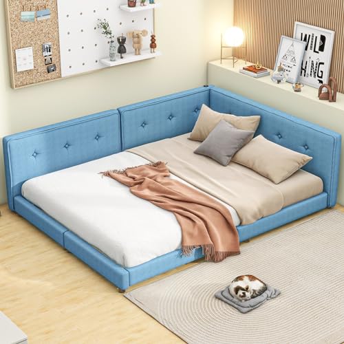 EOVTK Full Size Upholstered Platform Bed Daybed with USB Ports, Linen Fabric Floor Bed Sofa Bed with Wooden Slat Support, Blue