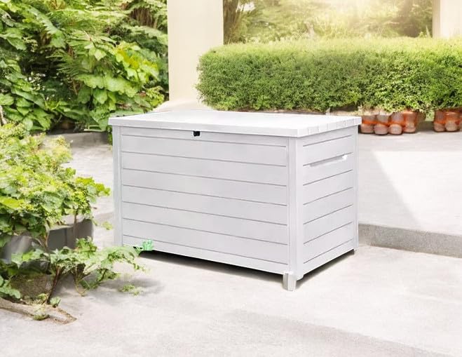 230 Gallon Deck Storage Box Outdoor Patio Container – Weather-Resistant, Lockable Outdoor Storage Solution for Patio, Garden, and Poolside (White)