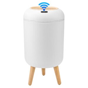 smart sensor wastebasket bathroom trash can, technology sensor water proof wastebasket with lid & wooden legs, for kitchen bathroom bedroom living room office outdoor (white)