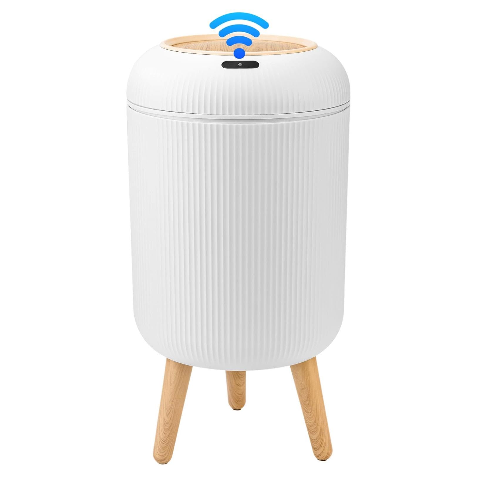 Smart Sensor Wastebasket Bathroom Trash Can, Technology Sensor Water Proof Wastebasket with Lid & Wooden Legs, for Kitchen Bathroom Bedroom Living Room Office Outdoor (White)