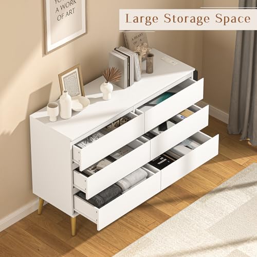 NUNU LAB Dresser for Bedroom Wooden with 6 Drawers, Chest of Drawers with Metal Rails for Bedroom, Living Room, Storage Cabinet, Closet, Hallway High Dresser, White