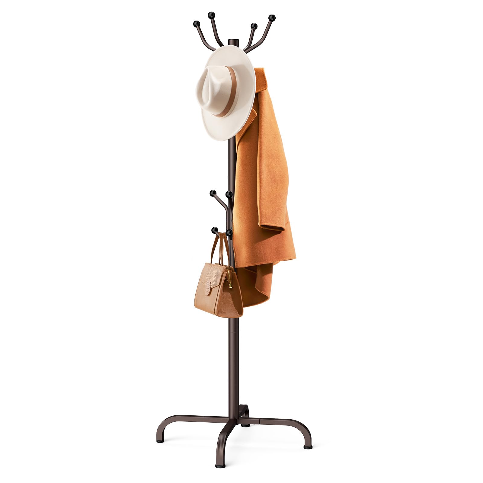 Pipishell Coat Rack with 14 Hooks, Freestanding Coat Rack Stand for Entryway, Hallway, Bedroom, and Office, Metal Coat Tree & Hat Rack for Coats, Hats, and Bags, Brown