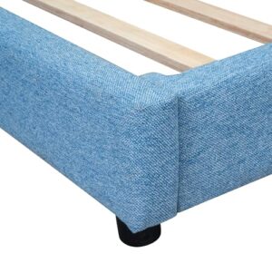 EOVTK Full Size Upholstered Platform Bed Daybed with USB Ports, Linen Fabric Floor Bed Sofa Bed with Wooden Slat Support, Blue