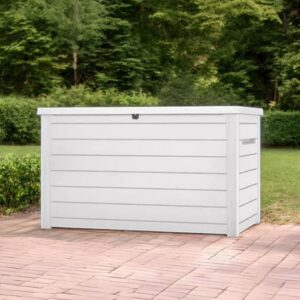 230 Gallon Deck Storage Box Outdoor Patio Container – Weather-Resistant, Lockable Outdoor Storage Solution for Patio, Garden, and Poolside (White)