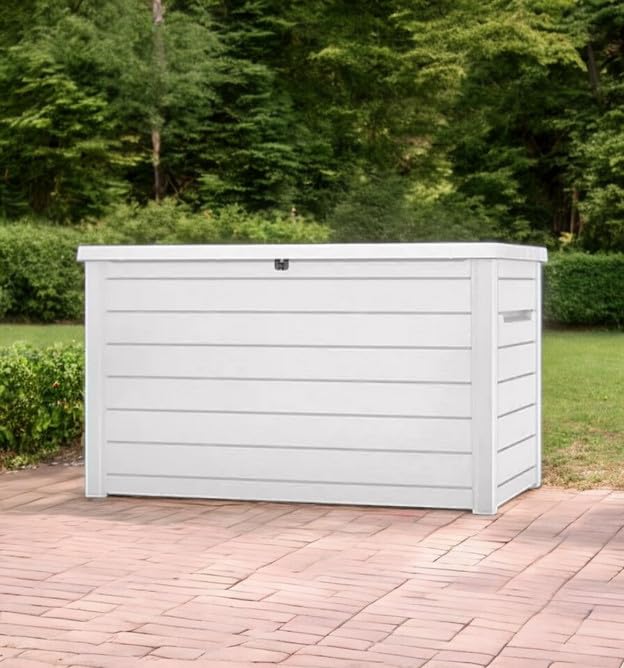 230 Gallon Deck Storage Box Outdoor Patio Container – Weather-Resistant, Lockable Outdoor Storage Solution for Patio, Garden, and Poolside (White)