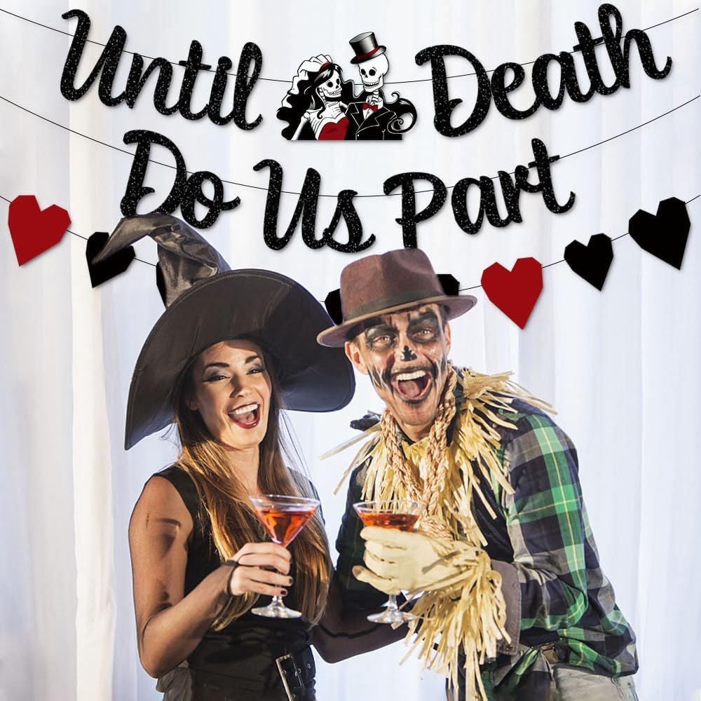 Mr and Mrs Skull Wedding Party Decorations Till Death Do Us Part Banner/Cake Topper Halloween Theme Decor for Wedding/Anniversary/Bridal Shower Party Supplies Day of the Dead Wedding Signs