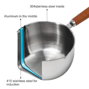 Stainless Steel Hot Oil Pan With Wooden Handle Breakfast Pot Milk Pan Small Saucepan For Making Sauces Reheating Soup Heating Milk(500ml)