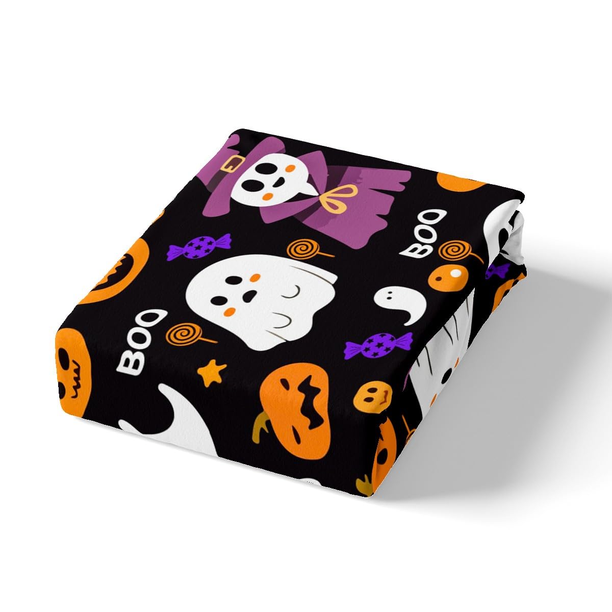 Feelyou Kids Cartoon Halloween Fitted Sheet Cute Ghost Pumpkin Sheets Set for Child Boys Girls Black Purple Queen Size Bedding Set Decoration Kawaii Bed Sheet Set Collection