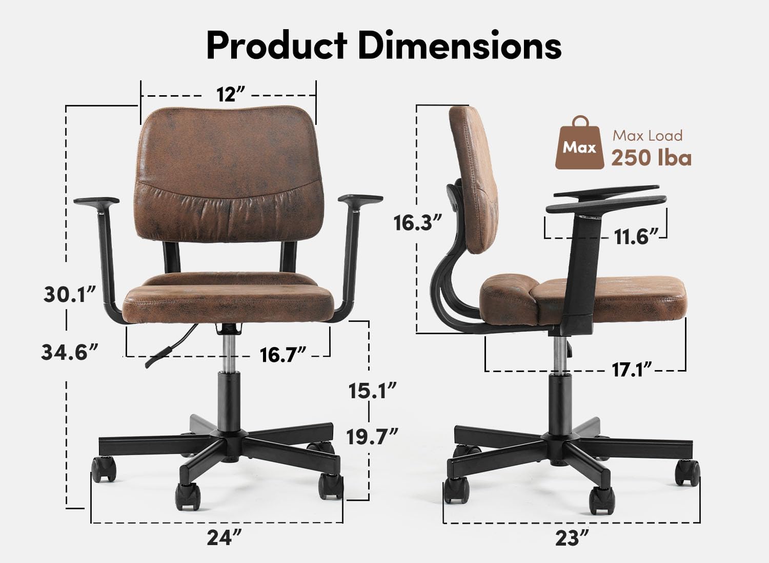 FEZIBO Home Office Desk Chair, Modern Office Chair Mid Back, Swivel Rolling Chair with Wheels, Height Adjustable Computer Tsak Chair, Brown