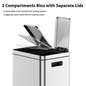 Kitchen Trash Can, 2x5.3 Gallon Garbage Can, Stainless Steel Waste Bins for Recycling and Trash, 2 Compartments with Removable Inner Buckets, Step On Pedal, Quite-Close Lid, Silver