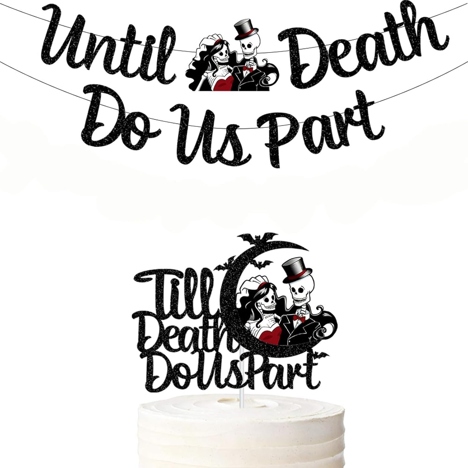 Mr and Mrs Skull Wedding Party Decorations Till Death Do Us Part Banner/Cake Topper Halloween Theme Decor for Wedding/Anniversary/Bridal Shower Party Supplies Day of the Dead Wedding Signs