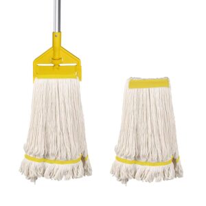 kuled heavy duty industrial mop, commercial mop with long handle, cotton mop with 2 mop heads, looped-end string wet mops for floor cleaning, workshop, warehouse, home and garage