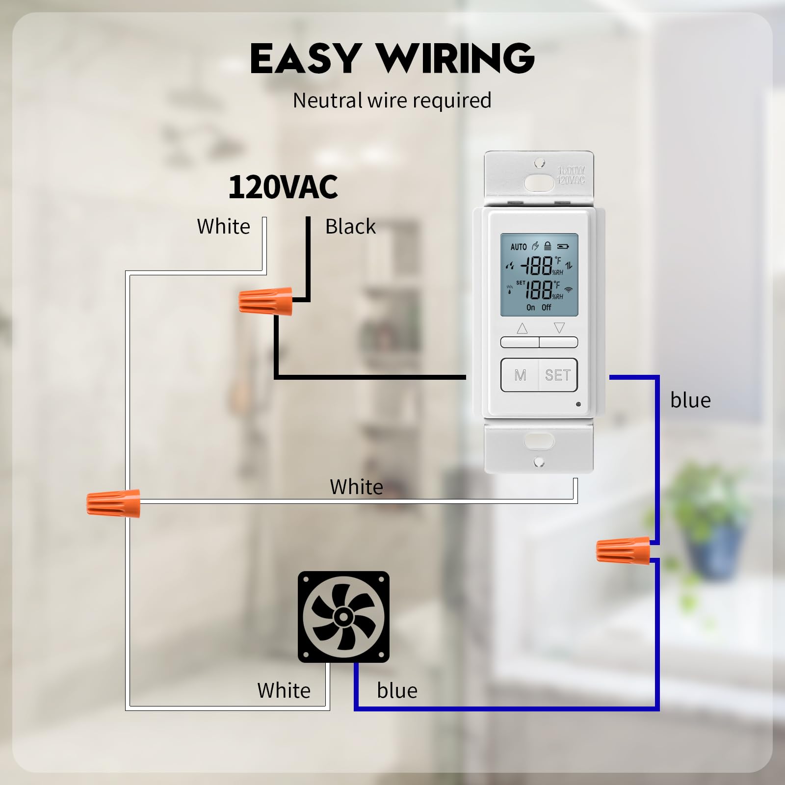 New 2024! Humidity Sensor Switch, Ortis in-Wall Bathroom Fan Automated Control Switch with Separate Sensor, Air Moisture Detection, Neutral Wire Required, Keep Your Room Dry, 328 ft Range, 110/220V