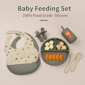 LITTLE RAWR Silicone Baby Feeding Set, Baby Led Weaning Supplies, Baby Spoons Suction Divided Plate Bib Cup, First Stage Solid Food Eating Utensils - 6+ Months(Green-Beige)