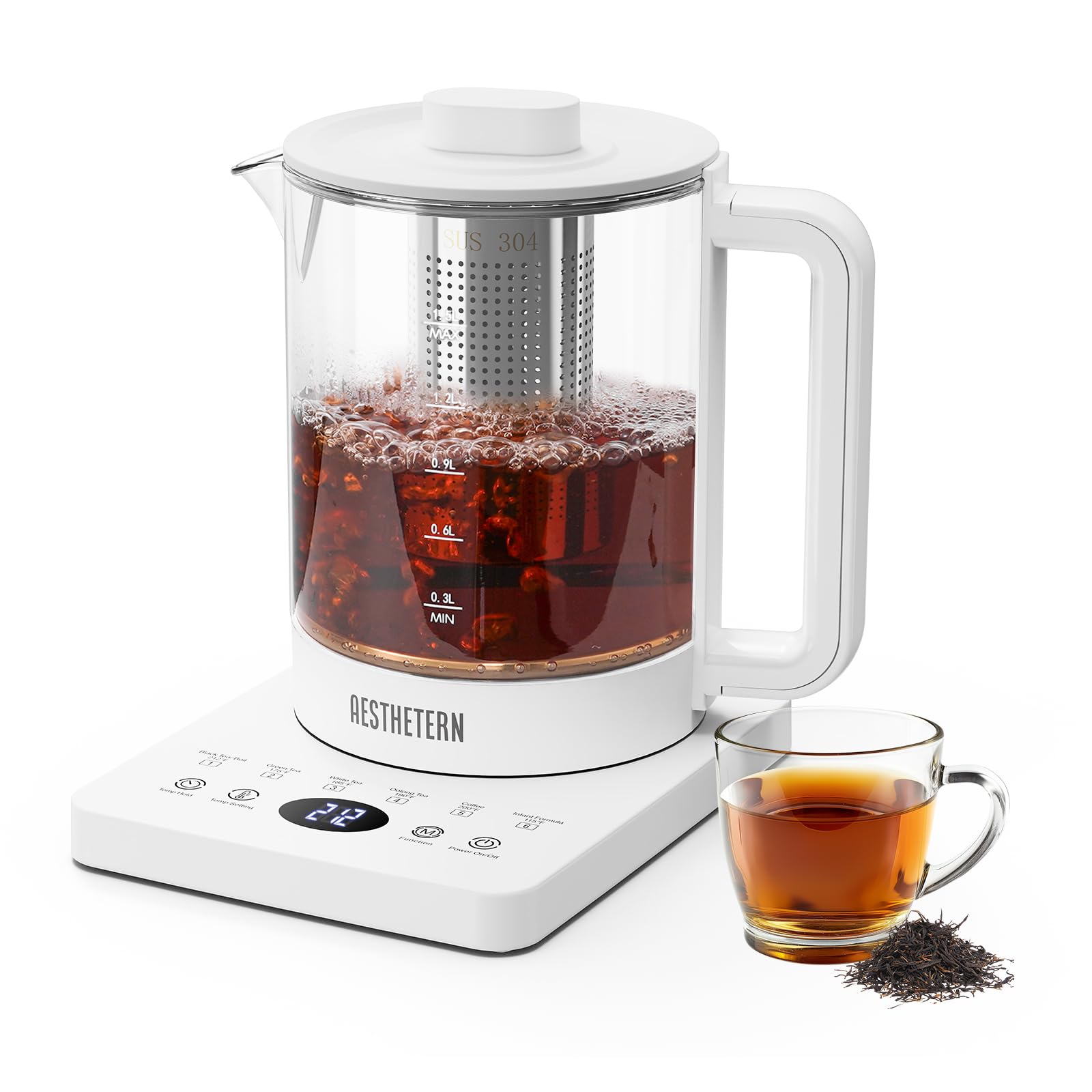 Electric Tea Kettle, 1.5 L Glass Electric Kettle with Tea Infuser, Temperature Control, Electric Tea Pot, Tea Maker, Automatic Shut Off, 24 H Keep Warm, for Tea, Coffee and Boiling Water, White