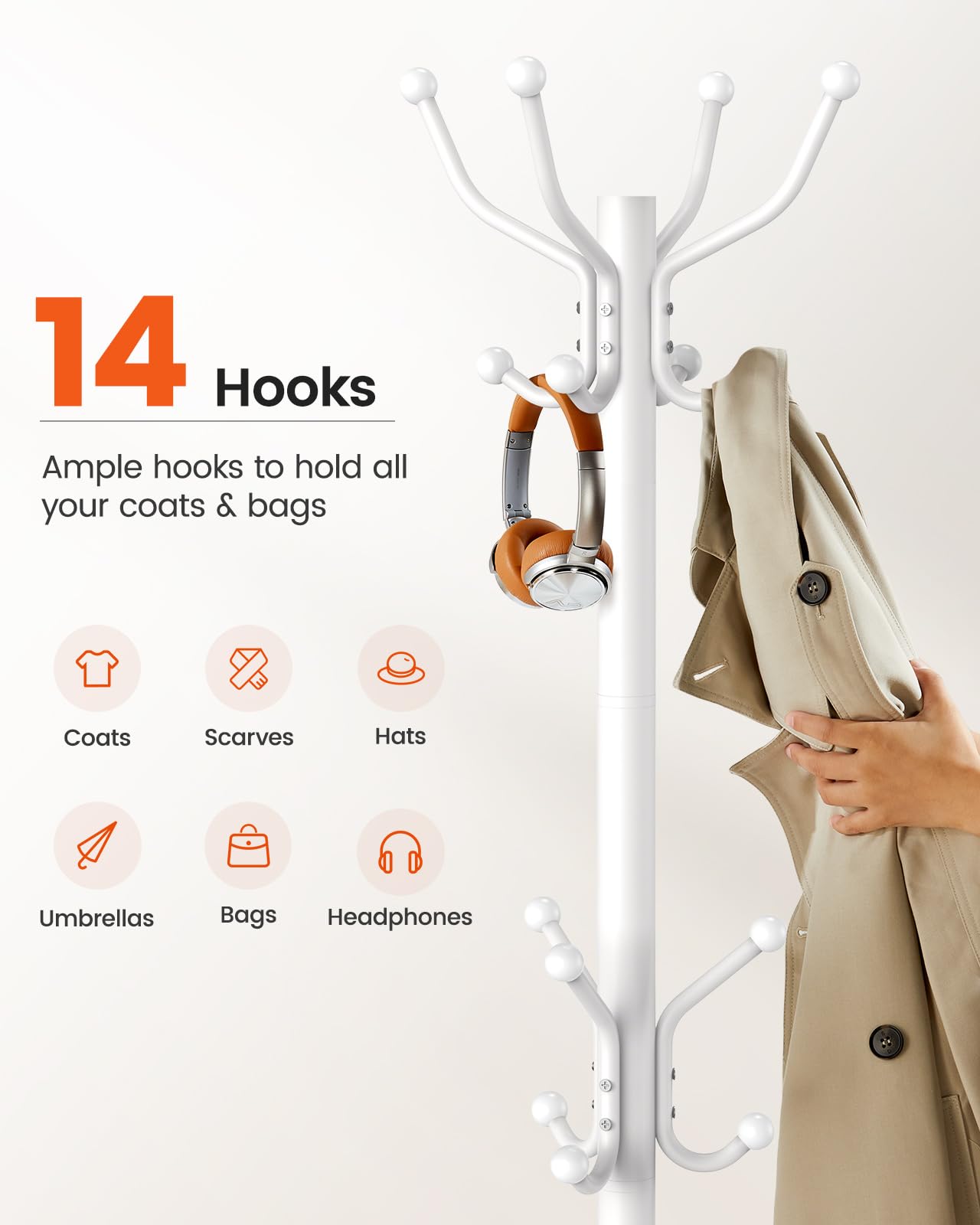 Pipishell Coat Rack with 14 Hooks, Freestanding Coat Rack Stand for Entryway, Hallway, Bedroom, and Office, Metal Coat Tree & Hat Rack for Coats, Hats, and Bags, White