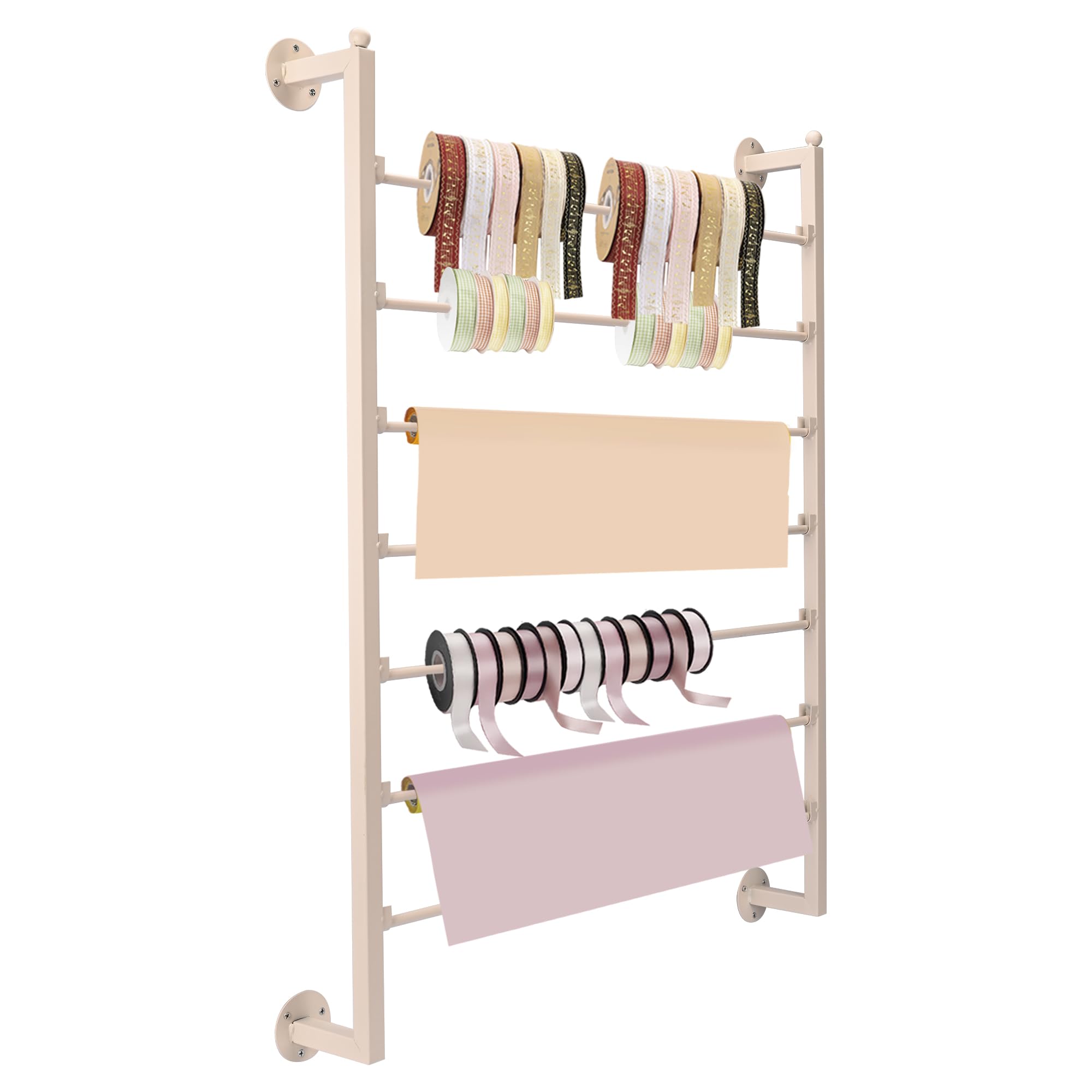 YAGEANNL Ribbon Storage Organizer,Wall Mounted Ribbon Organizer,Wrapping Paper Rack,7-Layer Metal Ribbon Storage for Craft Room,Flower Shop,Gift Wrapping Paper,Milky White